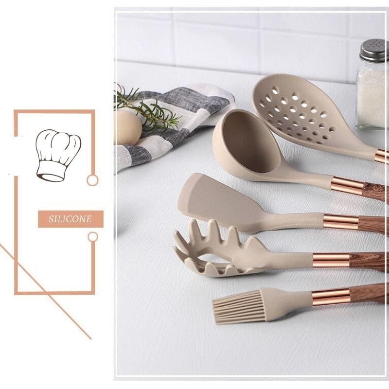 Ensemble d'ustensiles de cuisine en silicone de 10 pièces avec organiseur en rose